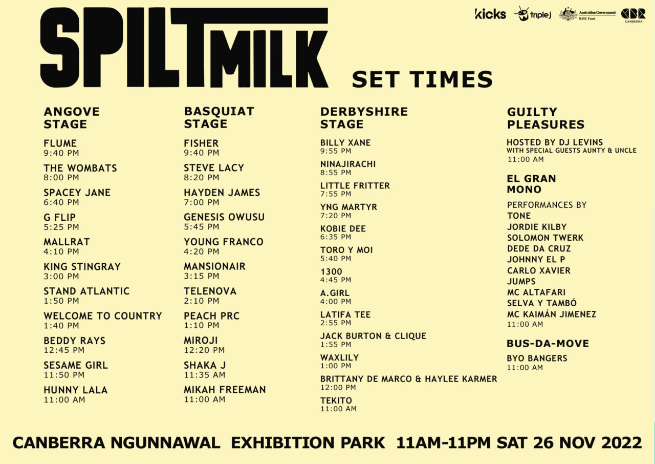 CANBERRA SET TIMES ARE HERE! Spilt Milk CANBERRA SET TIMES ARE HERE! Spilt Milk